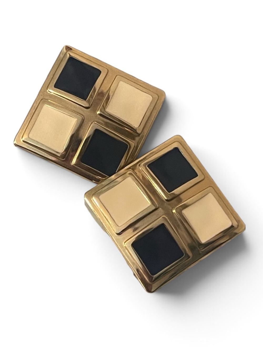 1980’s Geometric Navy Blue & Cream Checkerboard Statement Clip-On Earrings